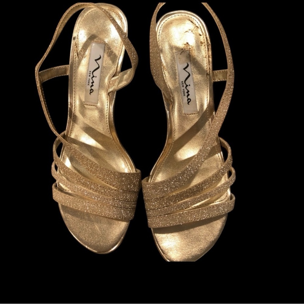 Gold HeelsNina Glittery Back Strap Sz 7.5 Wedding Party Festival Hoco Dance